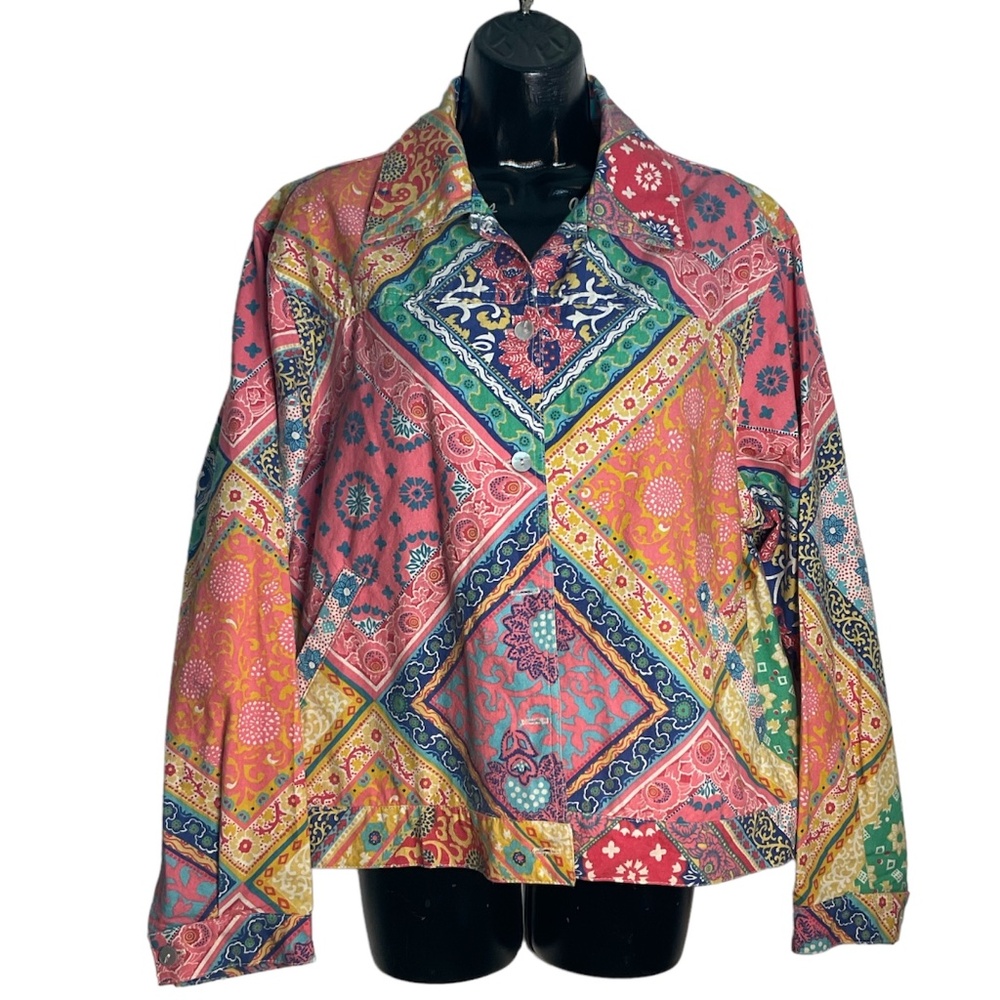 Vintage Norm Thompson Colorful Paisley Print Front Button Top Size Large